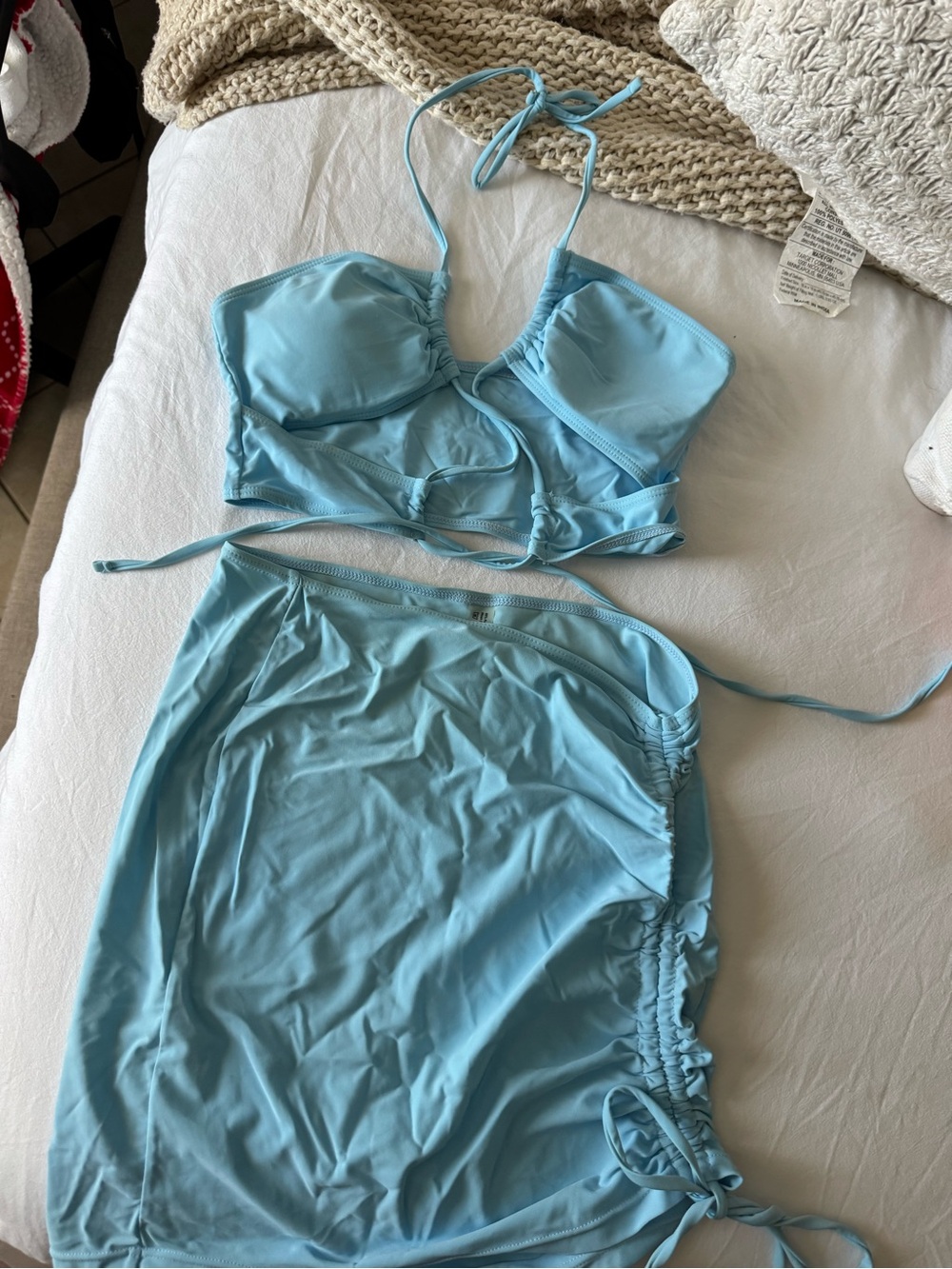 Light Blue Ruched Bikini Top and Skirt Set